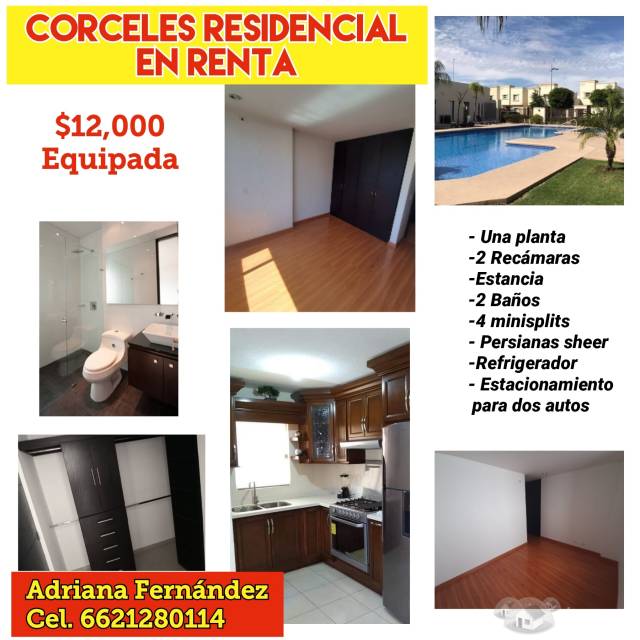 Casa en renta en Corceles Residencial. 2 recamaras, 2 baños.
