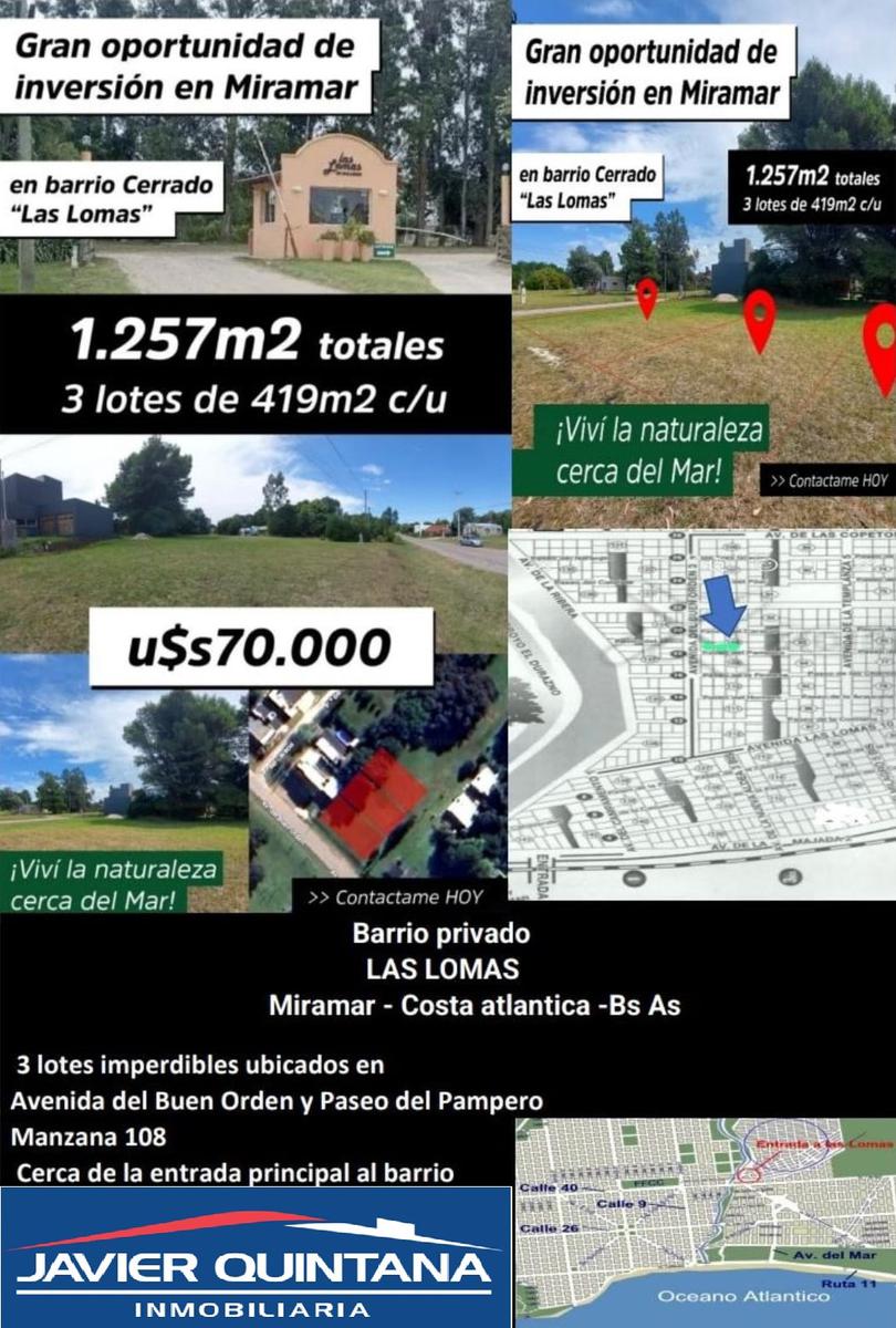 Terreno en Venta  - Miramar - Barrio Cerrado Las Lomas - Costa Atlantica - Javier Quintana Inmobiliaria