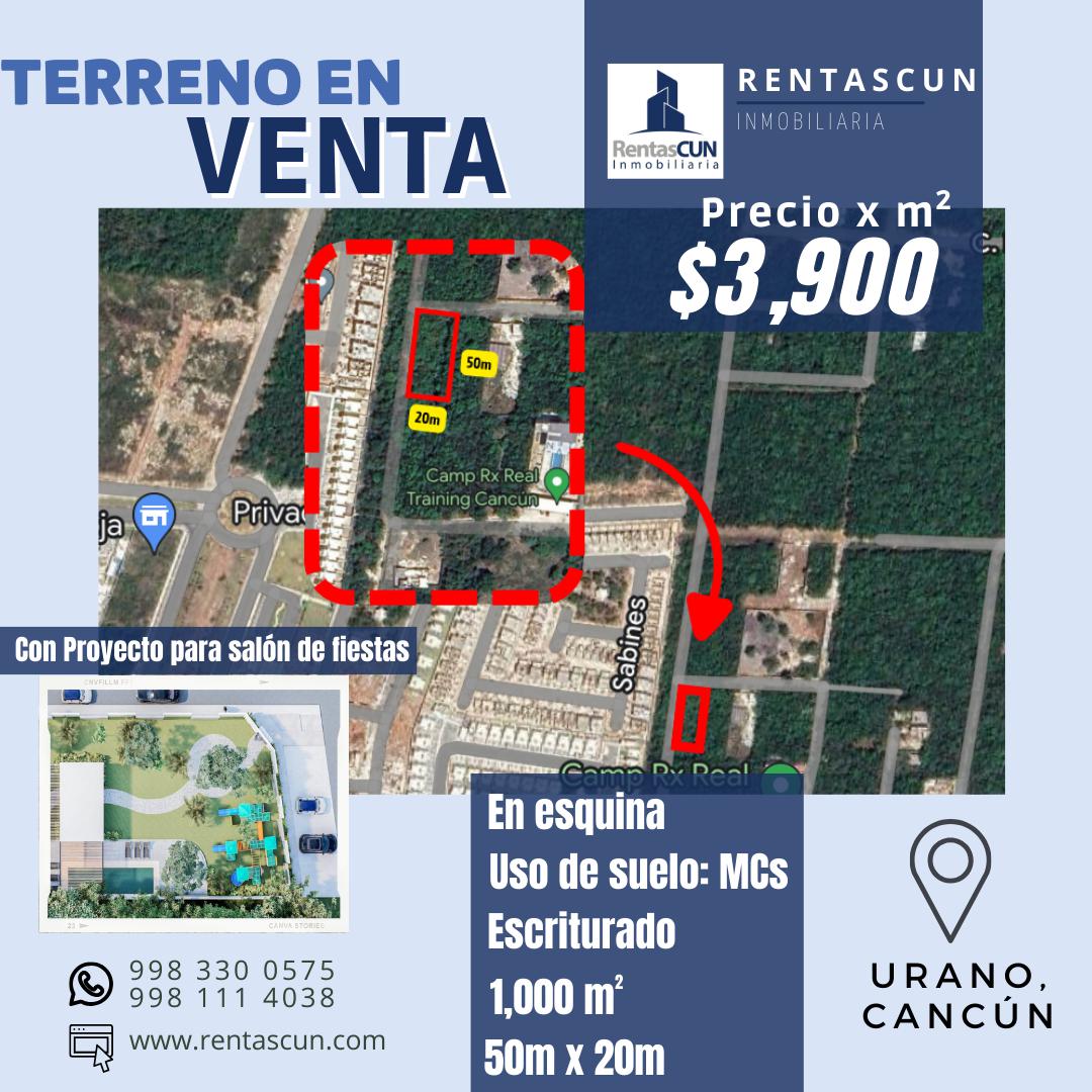 VENTA DE TERRENO EN ESQUINA EN AV. URANO, CANCÚN