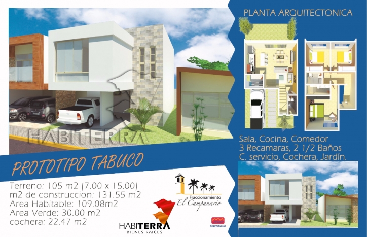 CASA EN VENTA PROTOTIPO TABUCO, FRACCIONAMIENTO EL CAMPANARIO, TUXPAN, VER.